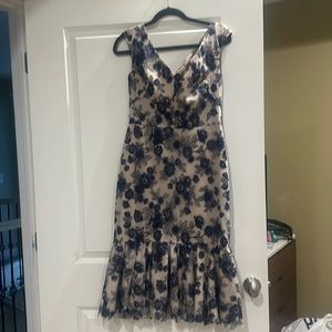 Gal Meets Glam navy blue and beige embroidered midi dress